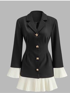 Commense Black Midi Dress with White Pleated Trim and Gold Buttons